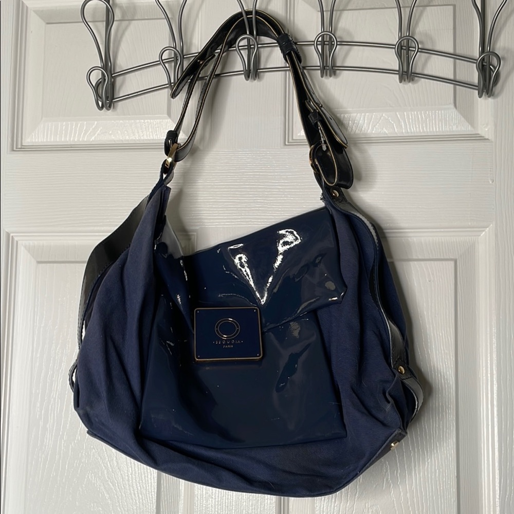 Sequoia Paris patent leather & canvas shoulder handbag